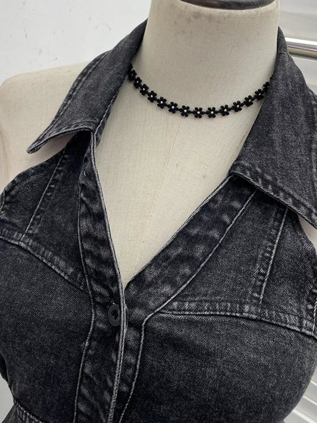 Smocked Denim Halter Collar Top in Blue
