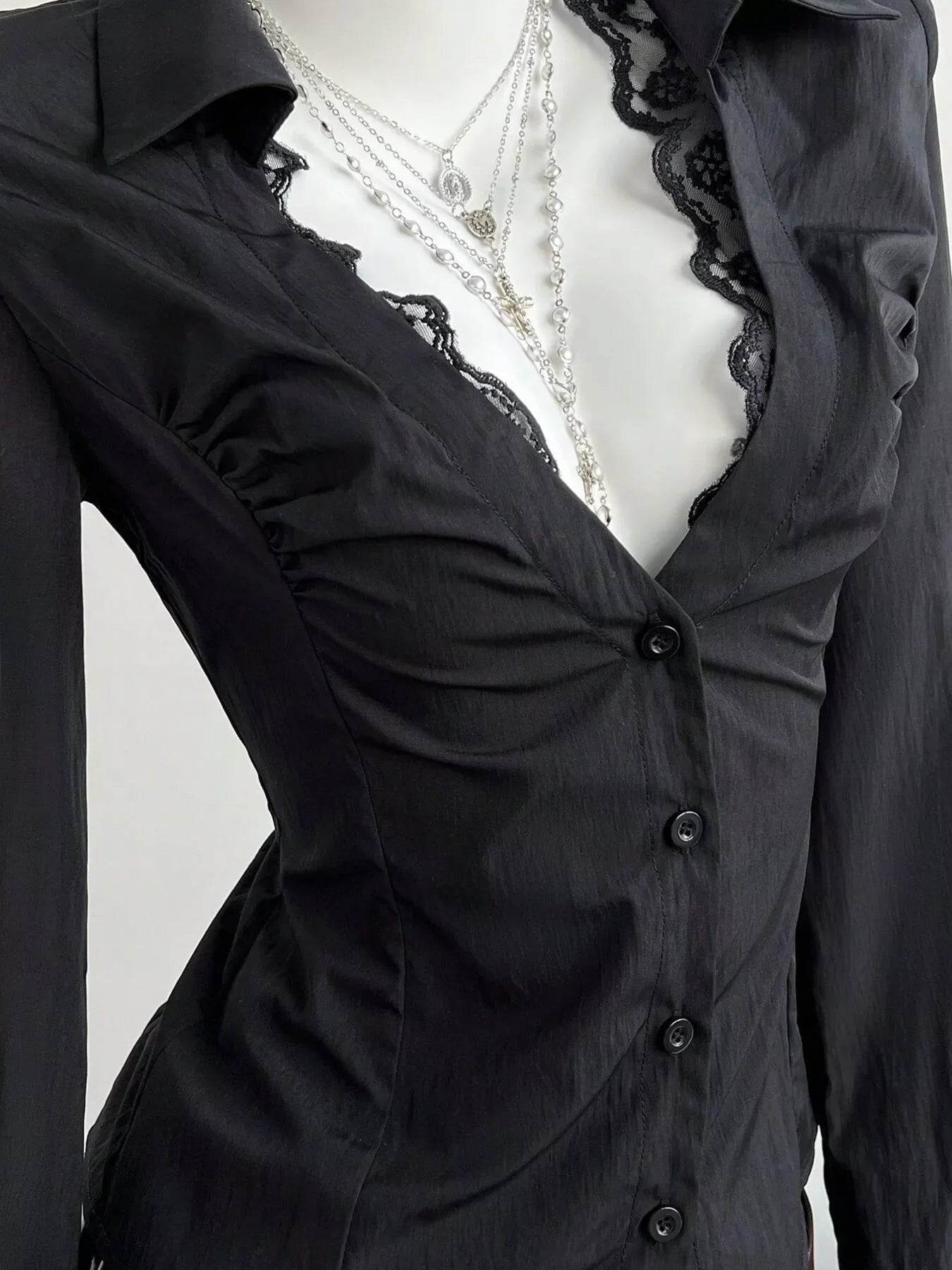 Black Lace Trim Ruched Slim Fit Button Down Shirt