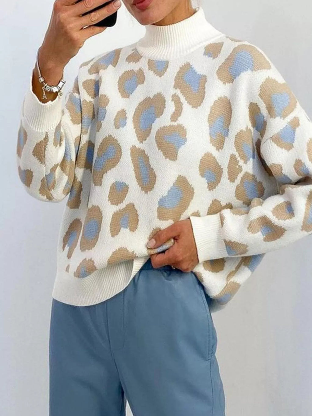 Women's Leopard Print High Neck Sweater in White Blue and Tan