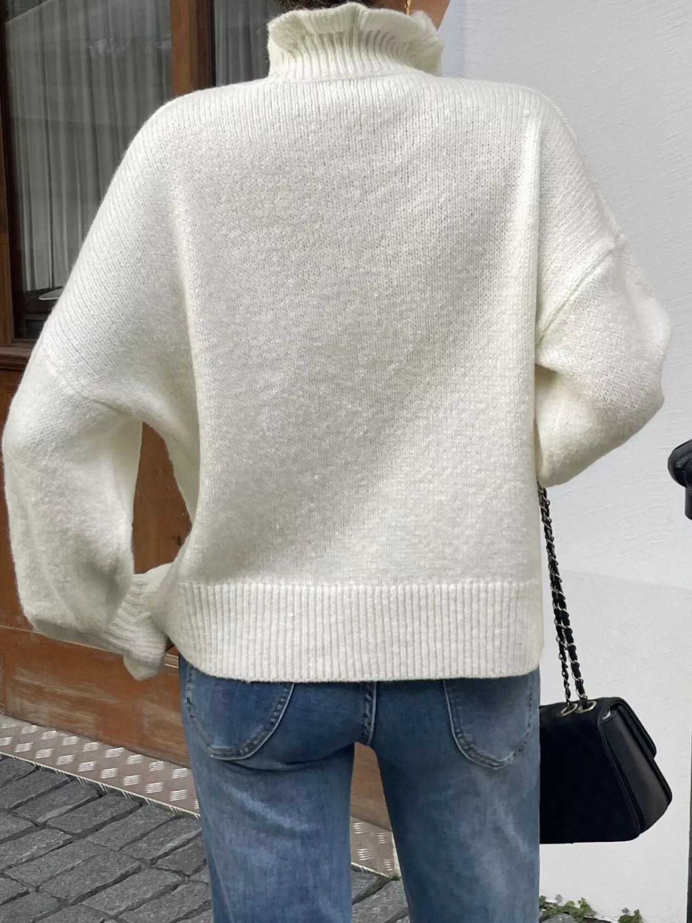 White Ribbed Ruffle Neck Button-Down Long Sleeve Cardigan