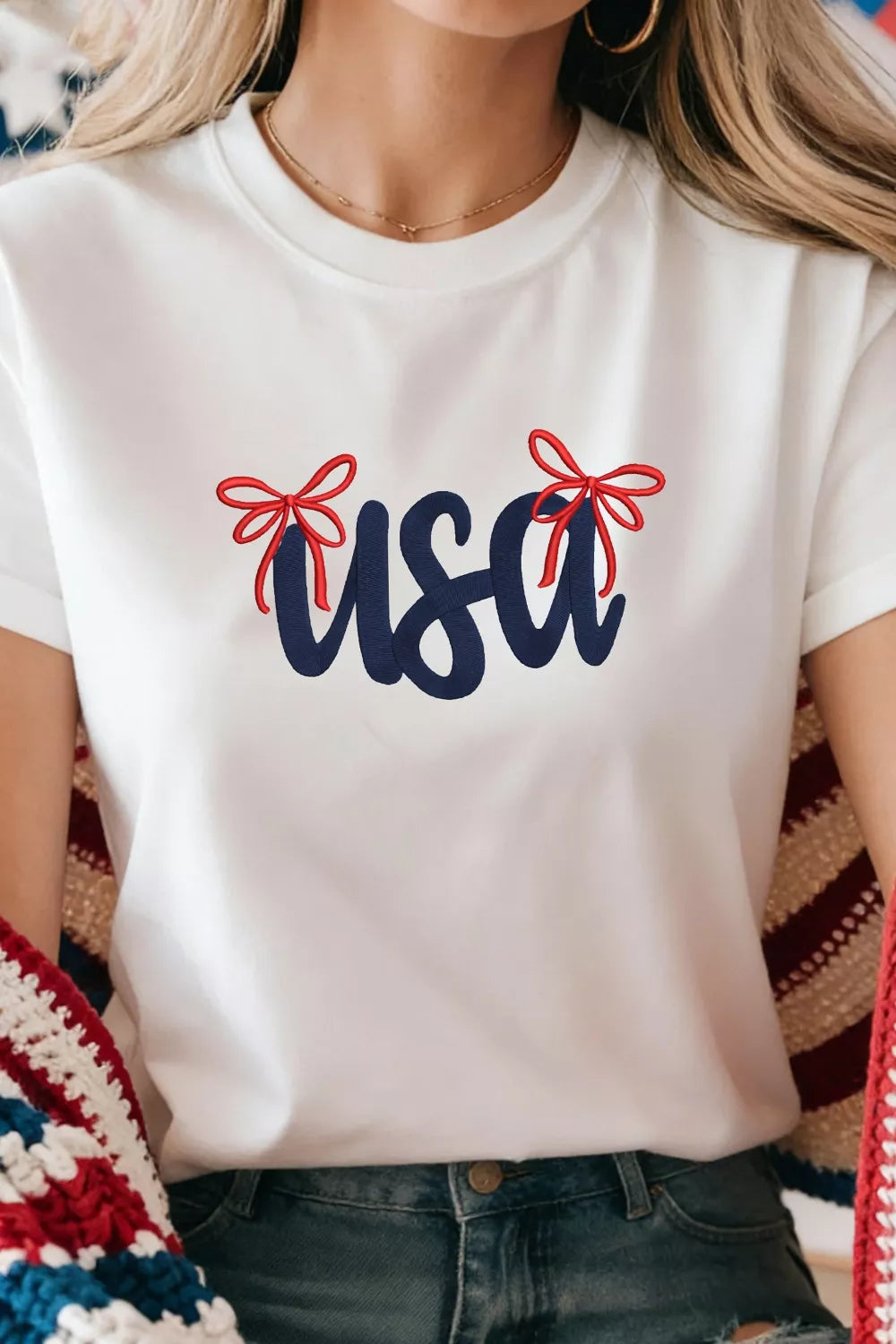 USA Lettering Bow Embroidered White Short Sleeve Crewneck T-Shirt