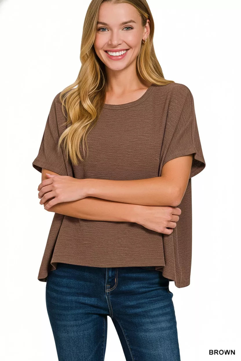 Brown Cotton Slub Oversized Crew Neck Short Sleeve Tee