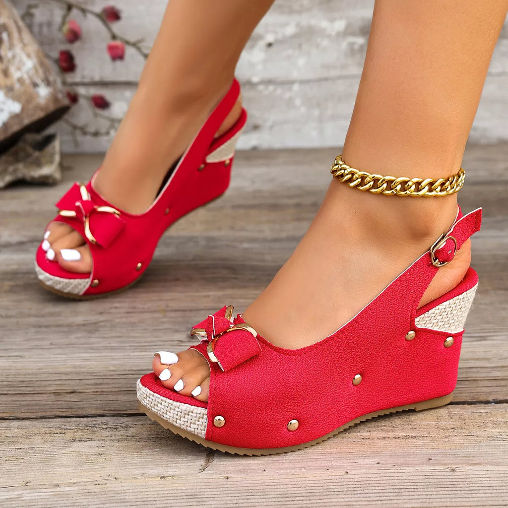 Peep Toe Wedge Sandals with Bow Detail and Slingback Strap