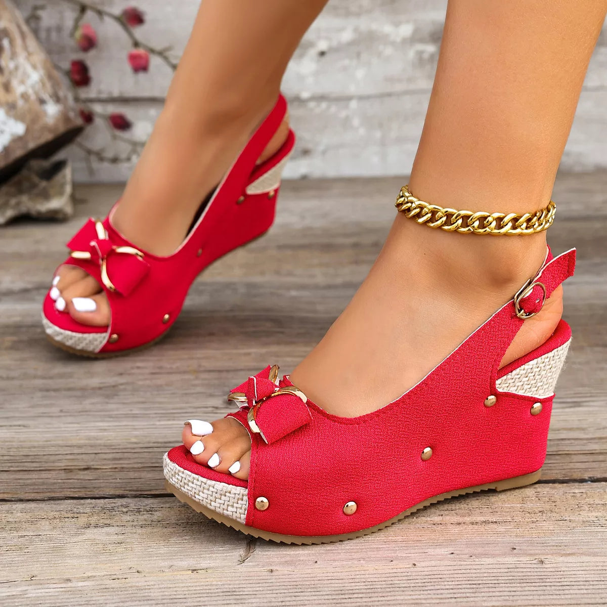 Peep Toe Wedge Sandals with Bow Detail and Slingback Strap
