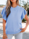 Blue Ribbed Knit Short Sleeve Sweater with Ruffle Trim