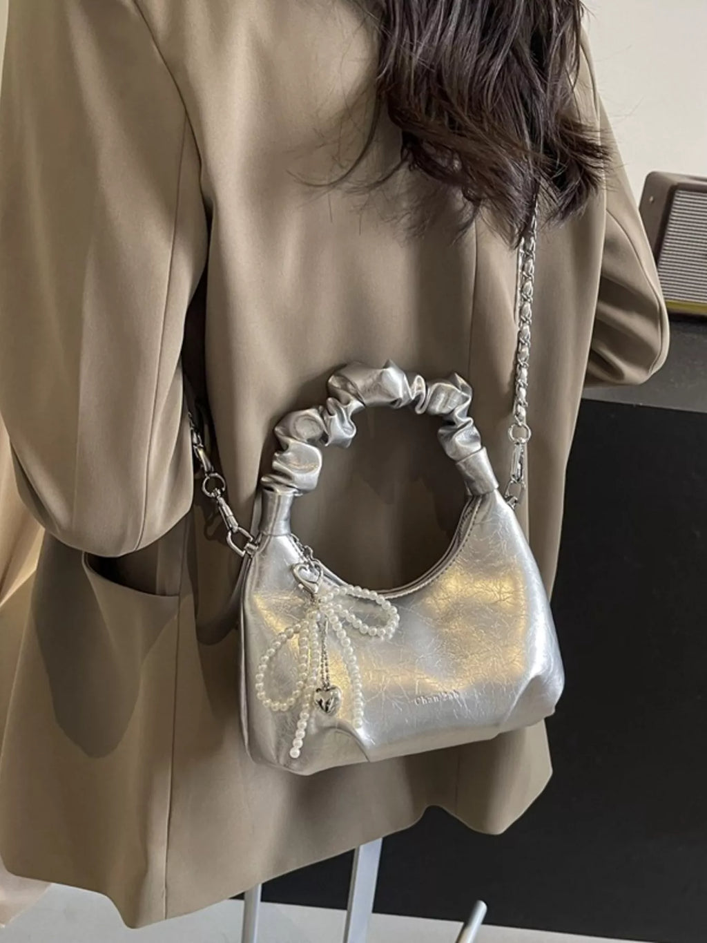 Silver Mini Ruched Handle Crossbody Bag with Pearl Bow Charm