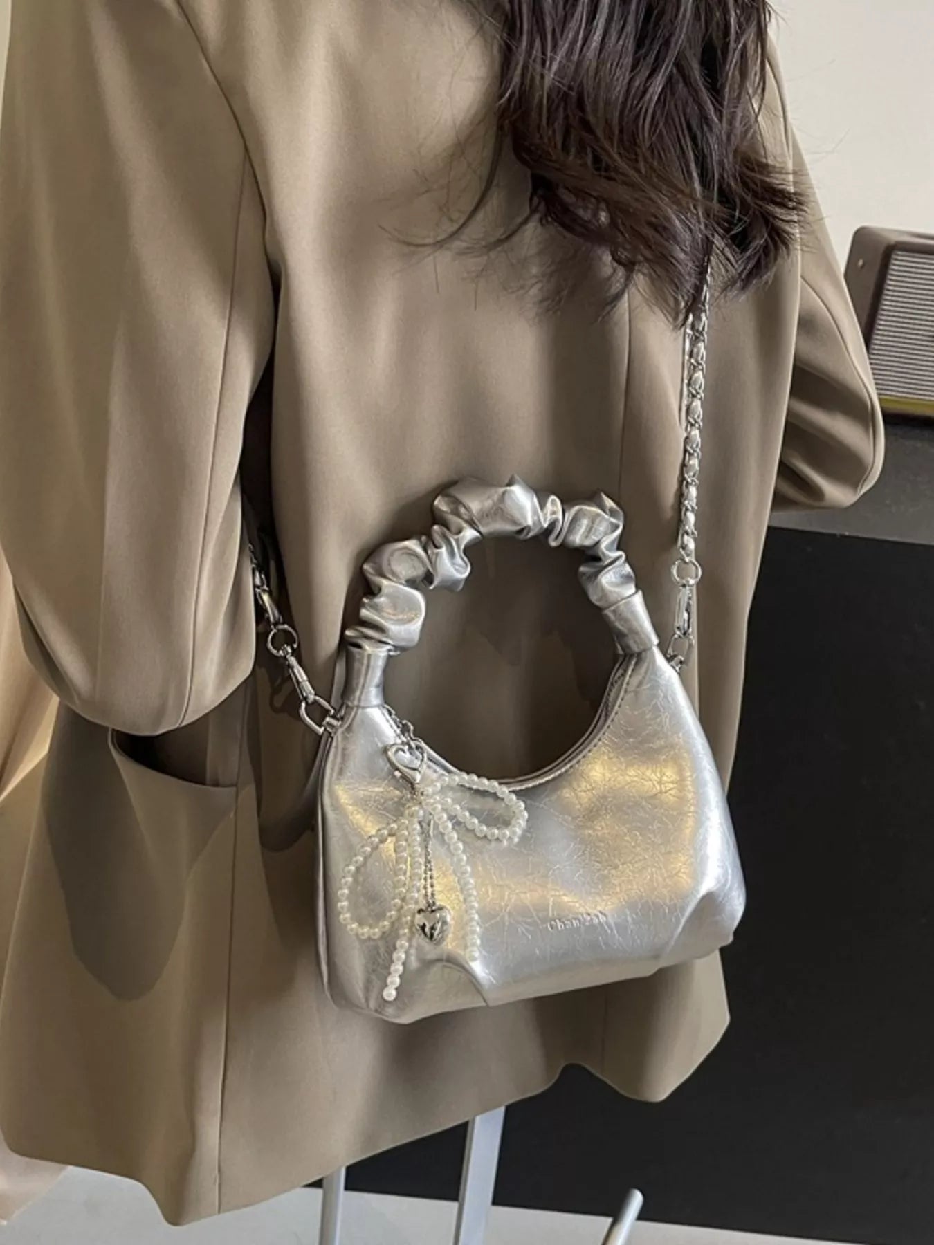 Silver Mini Ruched Handle Crossbody Bag with Pearl Bow Charm