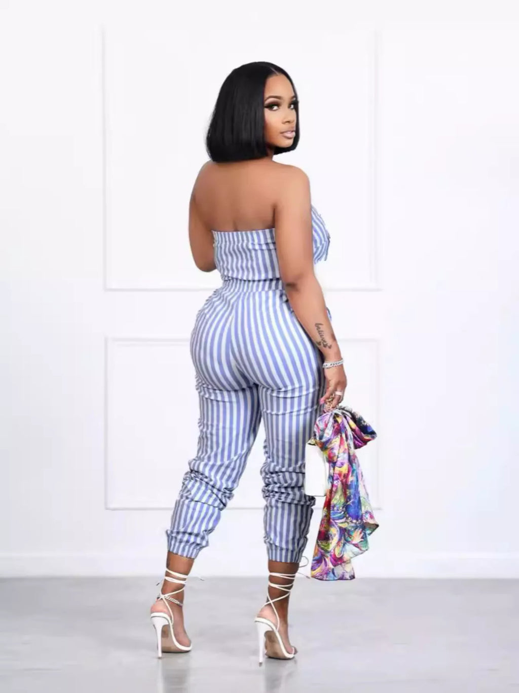 Blue and White Striped Strapless Casual Jumpsuit with Pockets