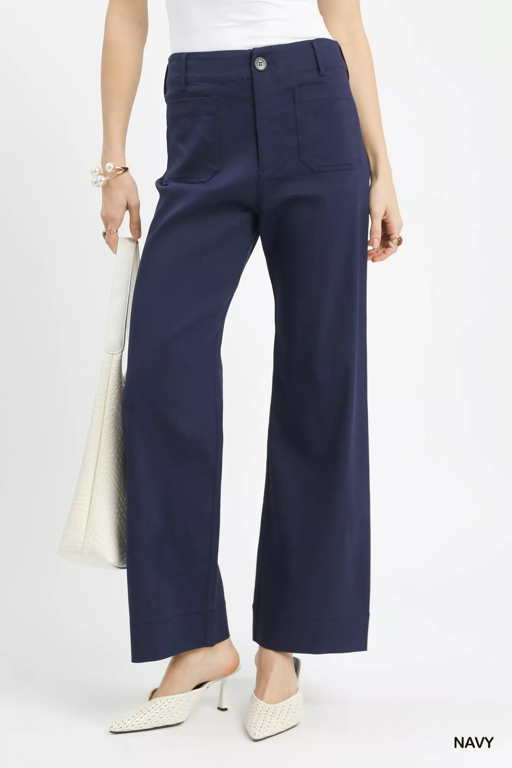 Women's Navy Stretched Button Closure Wide Leg Trousers