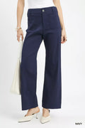 Women's Navy Stretched Button Closure Wide Leg Trousers