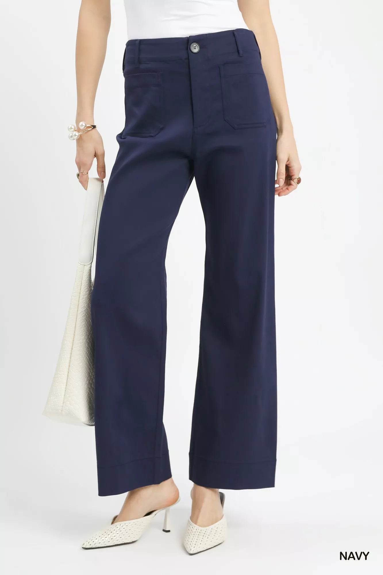 Women's Navy Stretched Button Closure Wide Leg Trousers