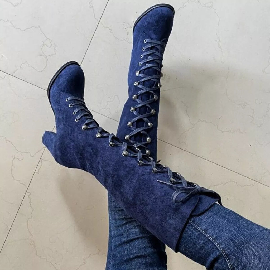 Women's Navy Suede Lace-Up Block Heel Boots