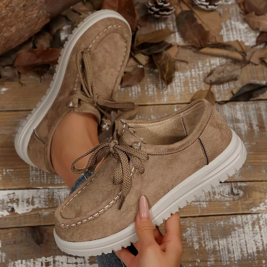 Women's Lace-Up Suede Round Toe Flats Comfortable Casual Shoes