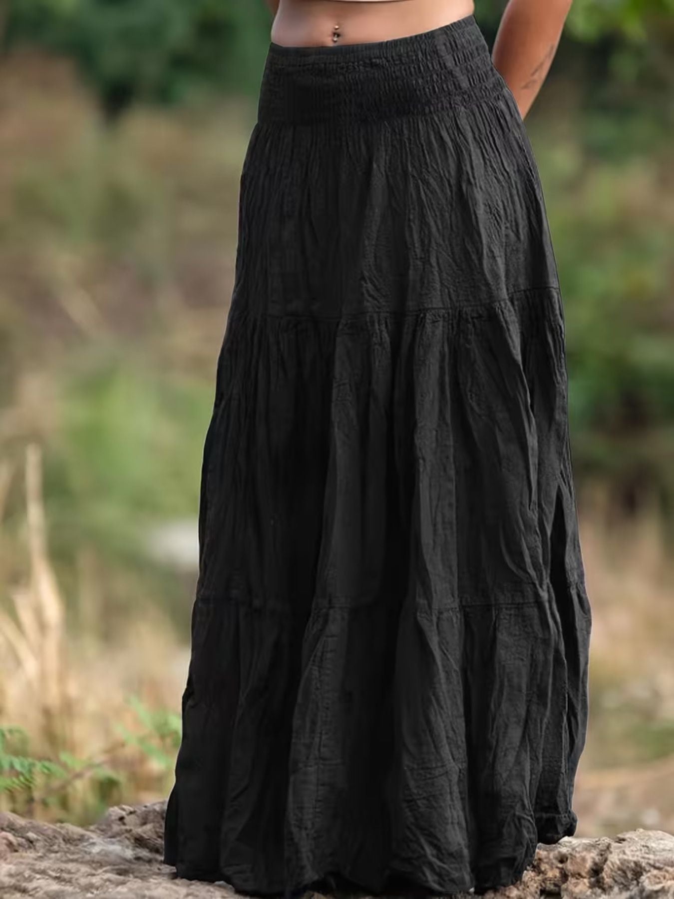 Women Ruched Tiered Maxi Skirt Bohemian Style Flowy Long Skirt