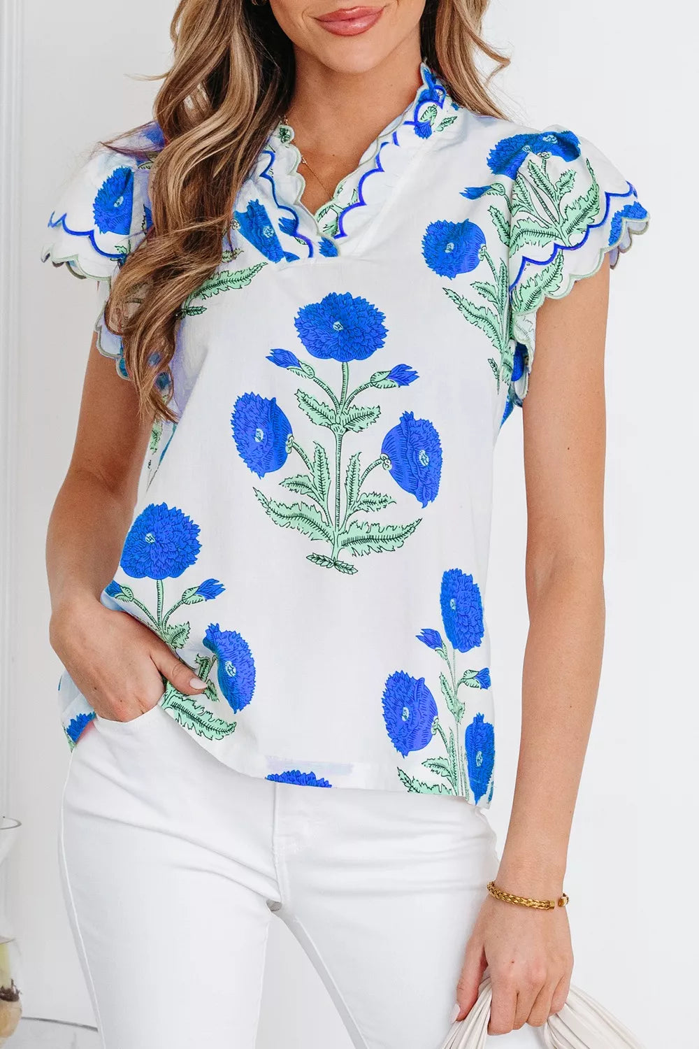 Floral Scallop Trim V Neck Blouse White Pink Green