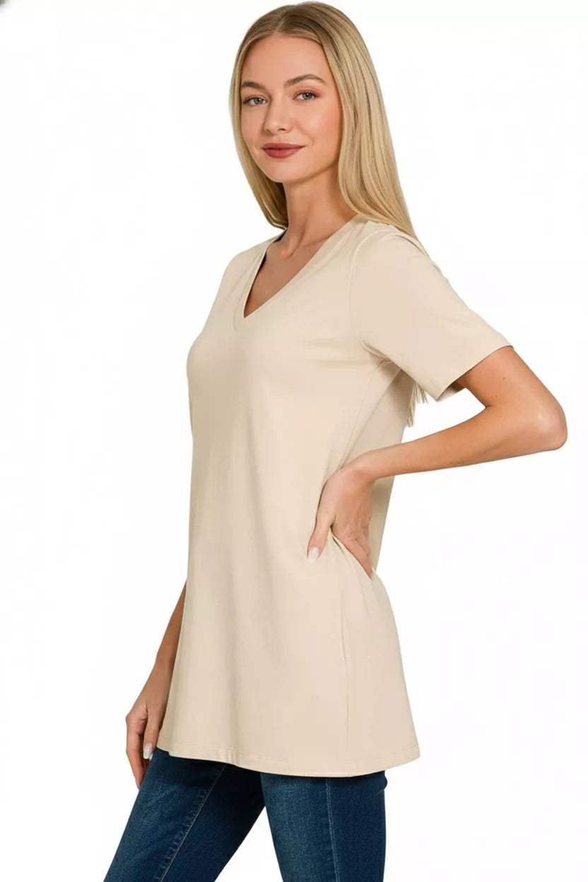 Women's Short Sleeve V-Neck T-Shirt in Sand Beige