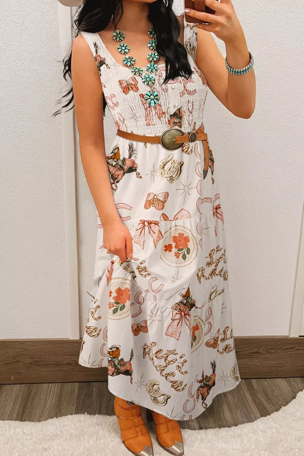 Western Horseshoe Print Smocked Sleeveless Midi Dress White