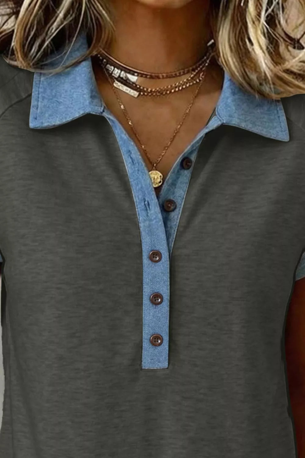 Color Block Polo Neck Casual Tee with Denim Trim Detail