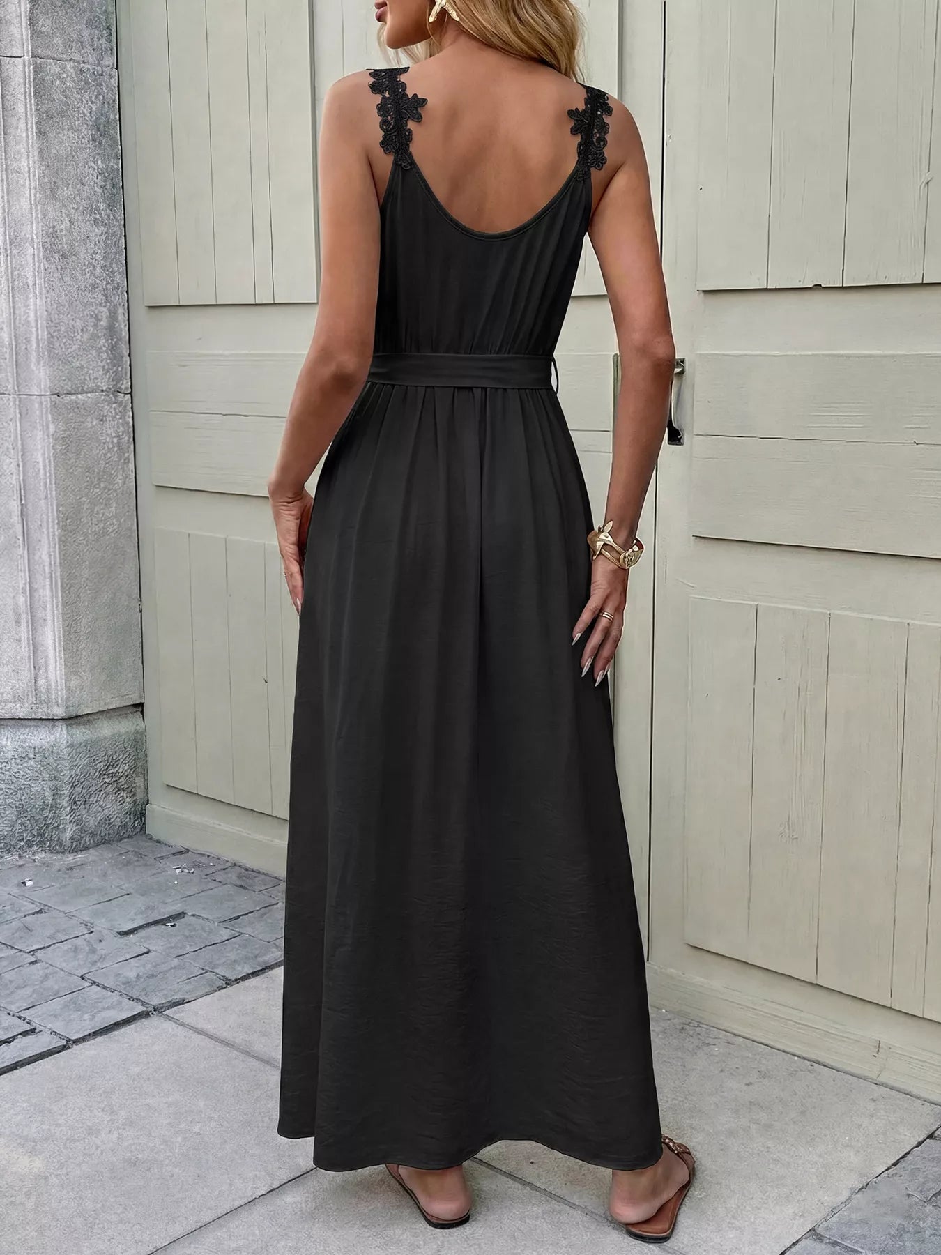 Black Lace Trim Maxi Dress with Tie Waist and Side Slit