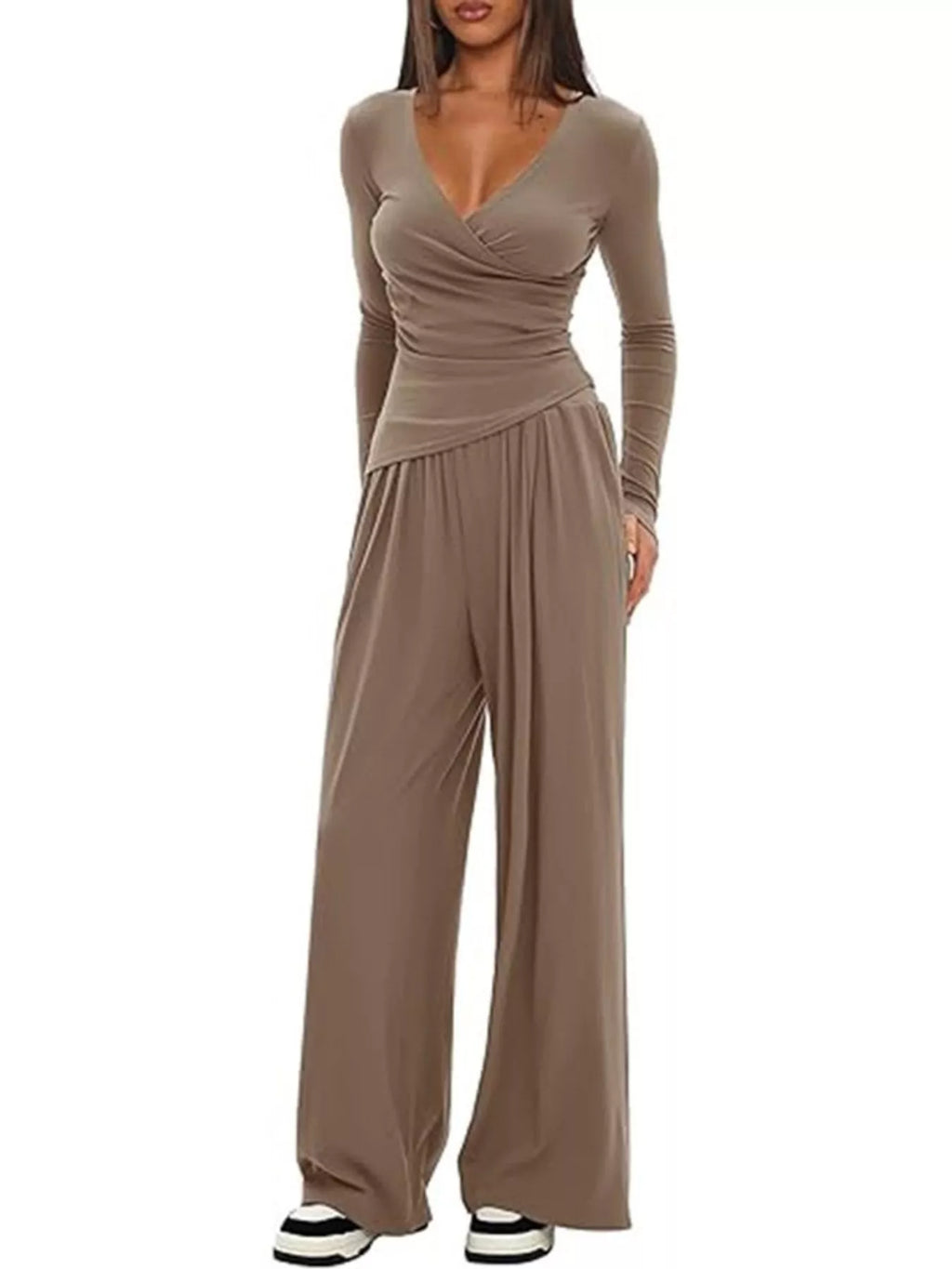 Women's Casual Long Sleeve V-Neck Top and Wide Leg Pants Lounge Set