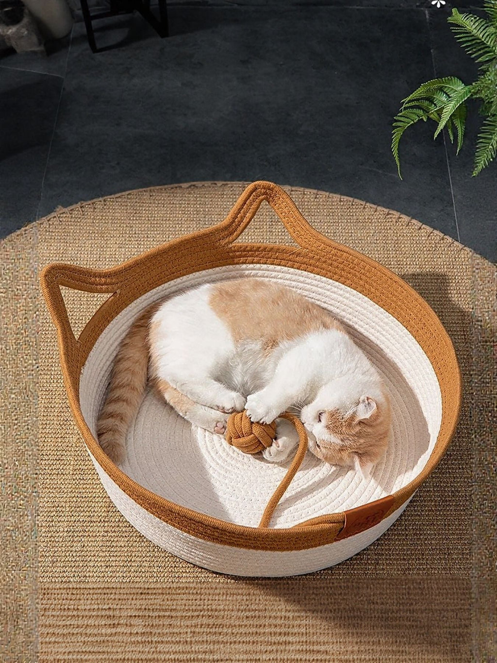 Woven Cotton Cord Cat Ear Pet Bed Cozy Semi-Enclosed Nest