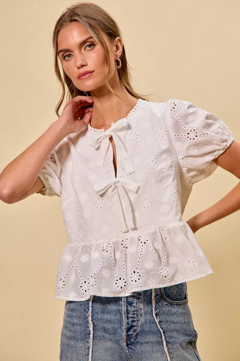 Women's Cotton Eyelet Blouse with Front Tie