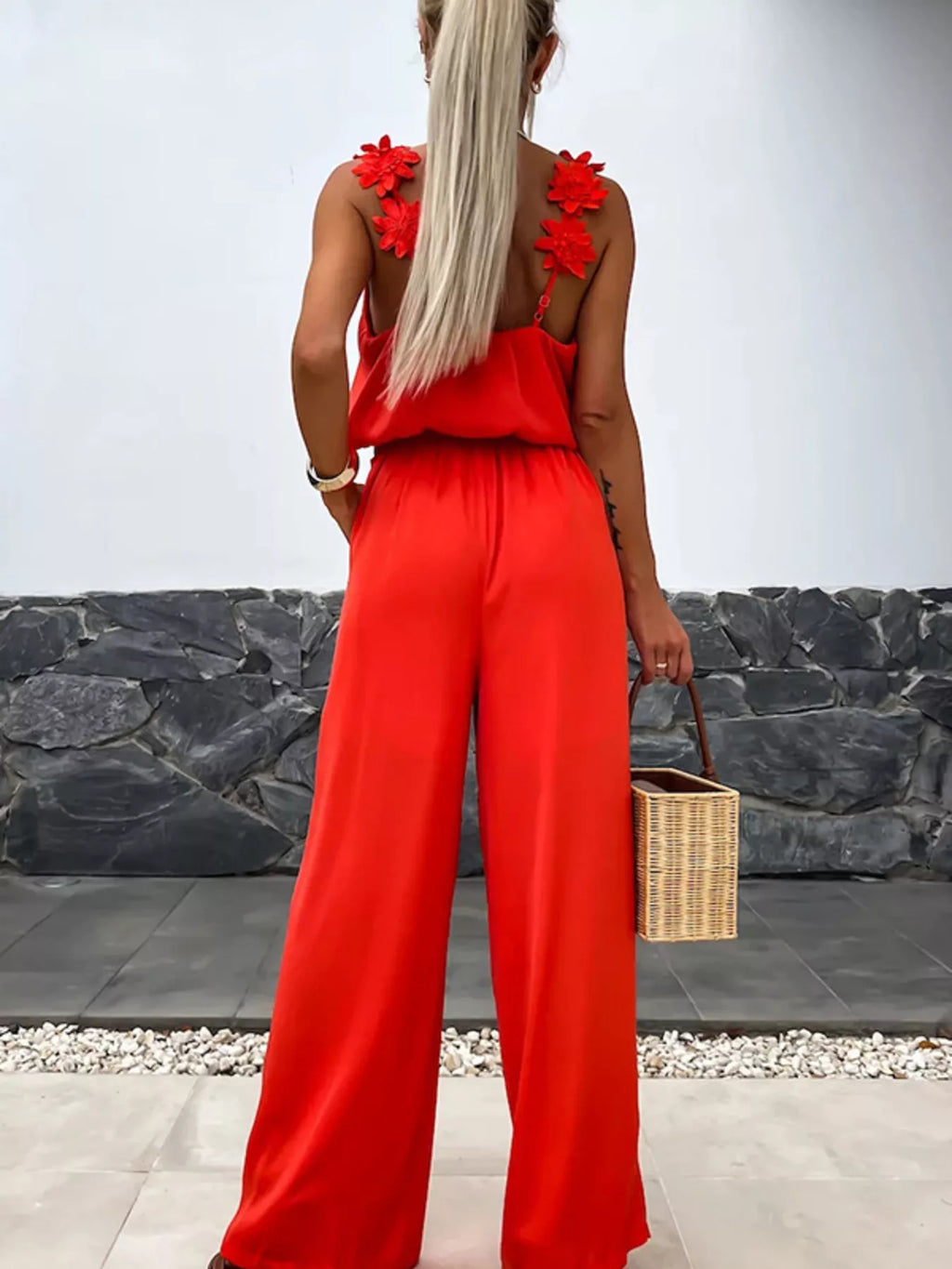 Red Floral Applique V-Neck Sleeveless Wide Leg Jumpsuit