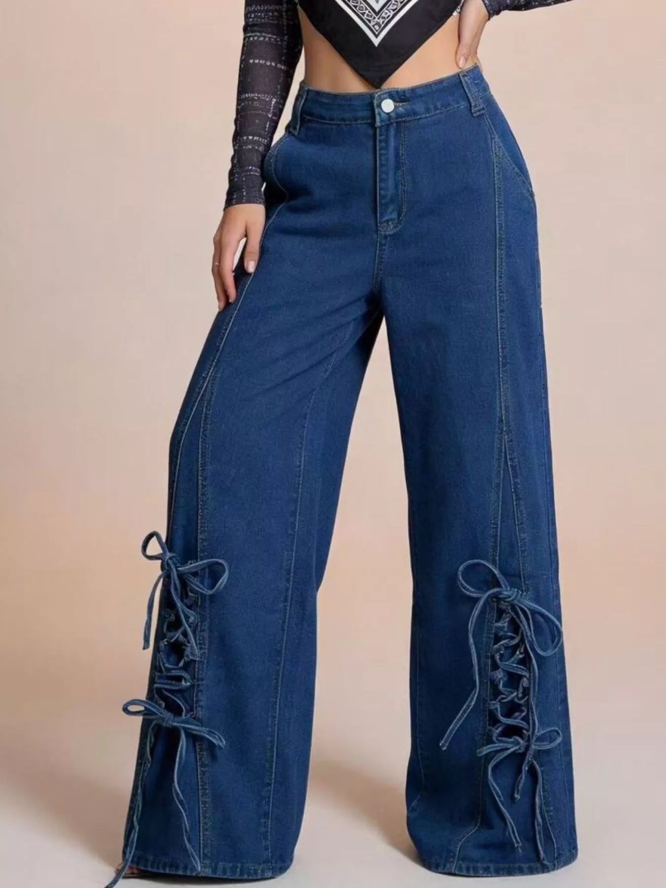 Women's Wide Leg Denim Jeans with Side Lace-Up Detail