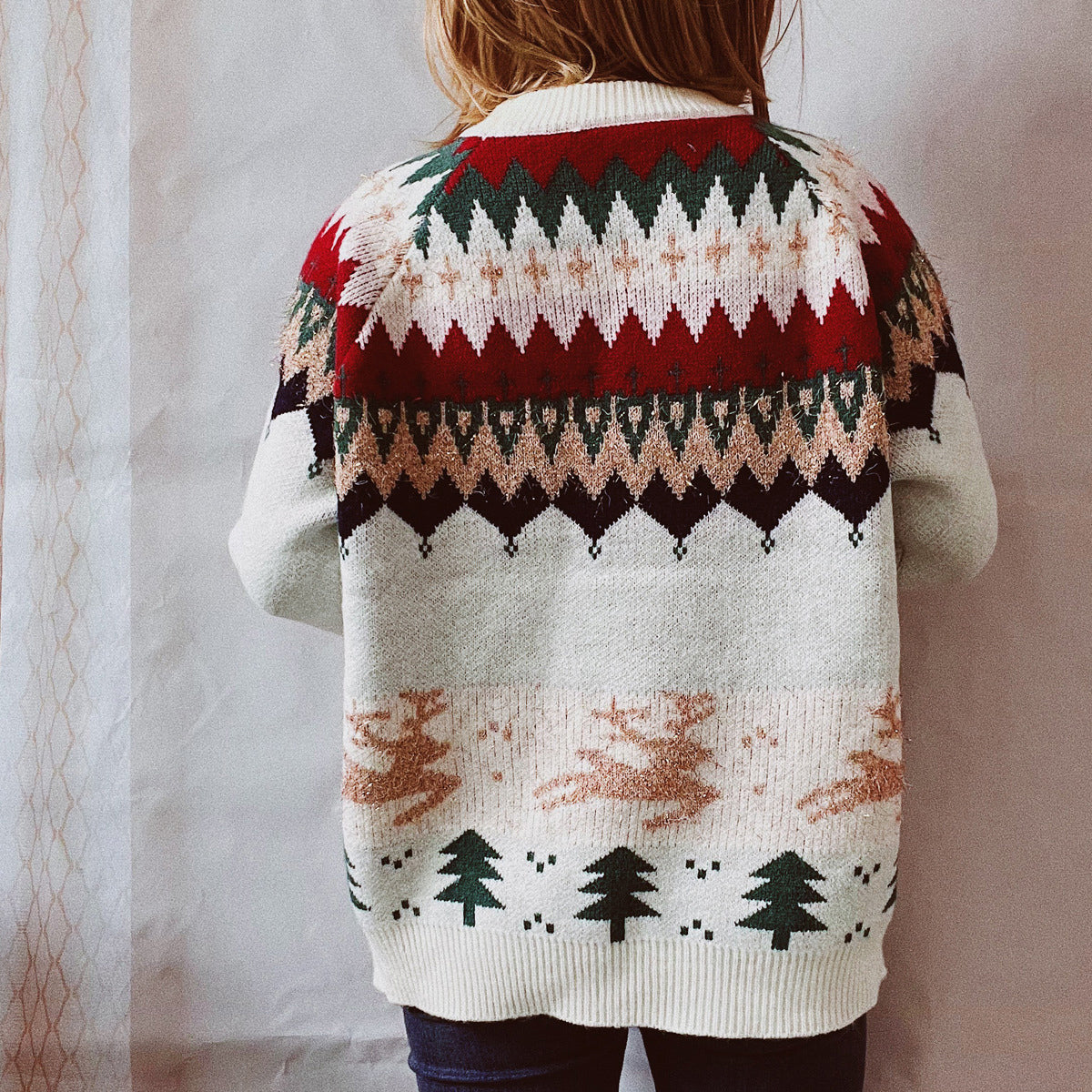 Women's Christmas Reindeer and Tree Pattern Long Sleeve Sweater