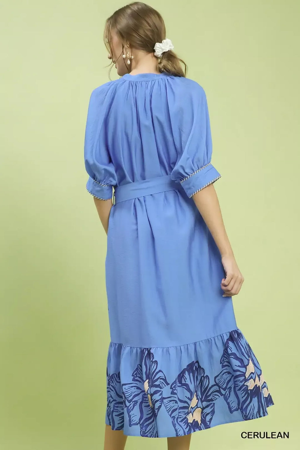 Floral Print V-Neck Midi Dress with Belted Waist in Cerulean