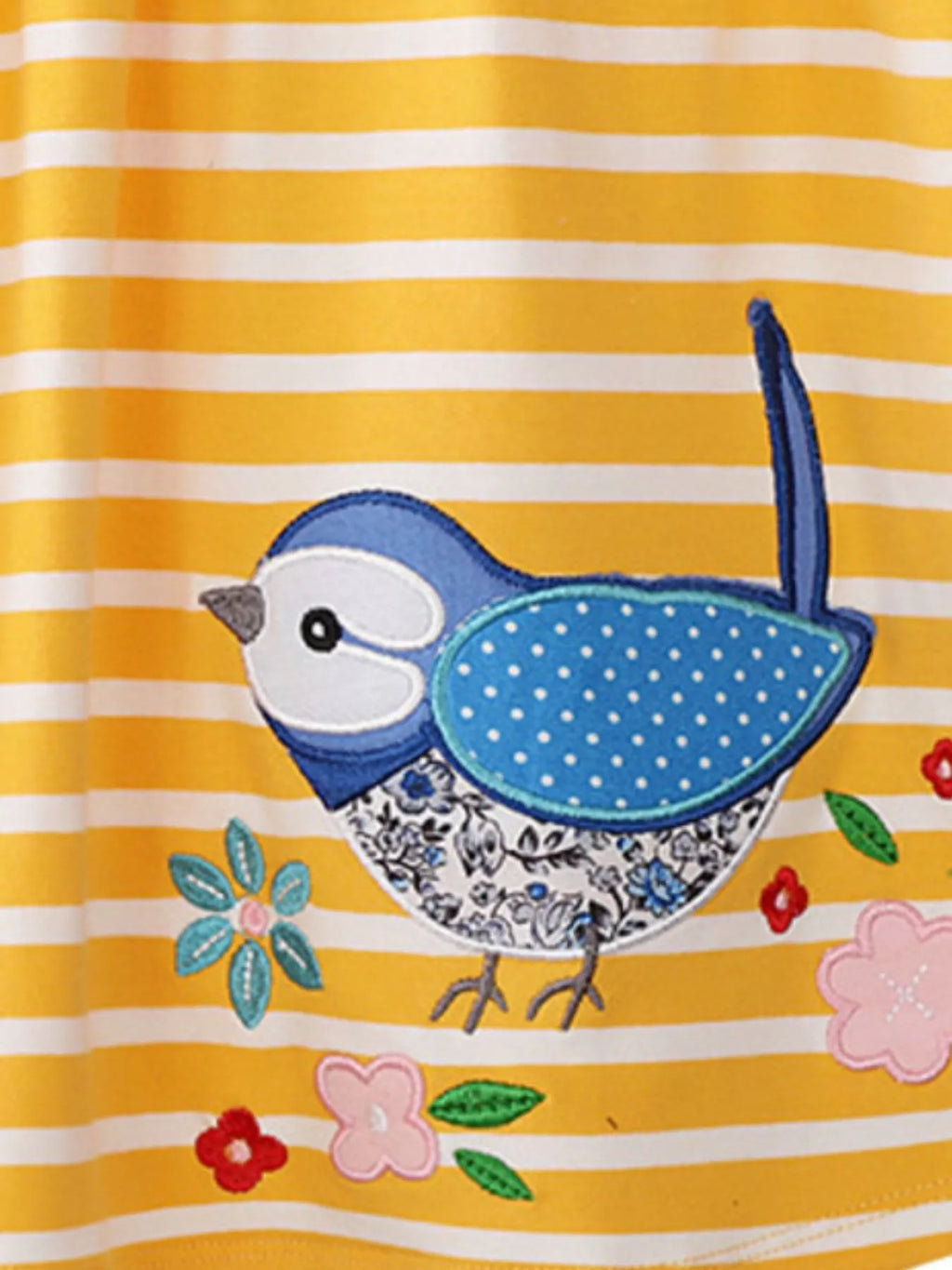 Yellow Striped Short Sleeve Casual Dress with Bird Embroidery