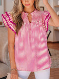 Striped Shirred Yoke Ruffle Sleeve Blouse in Pink and White