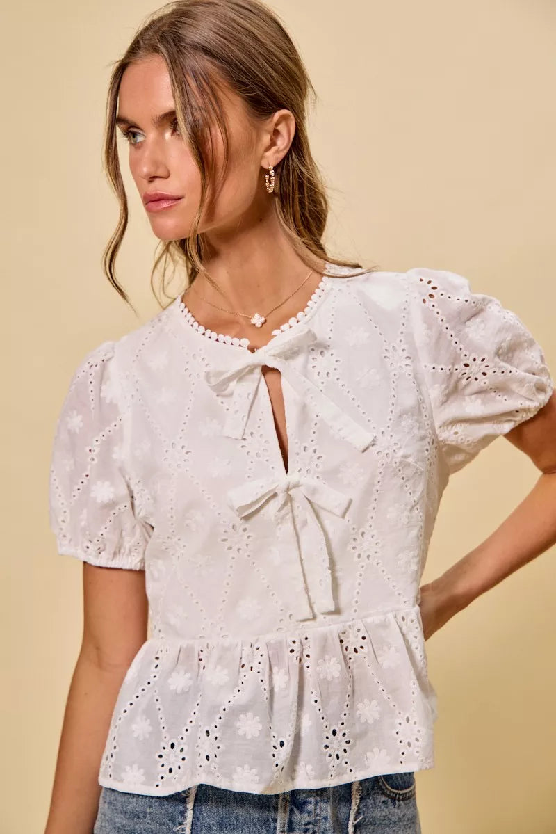 Women's Cotton Eyelet Blouse with Front Tie