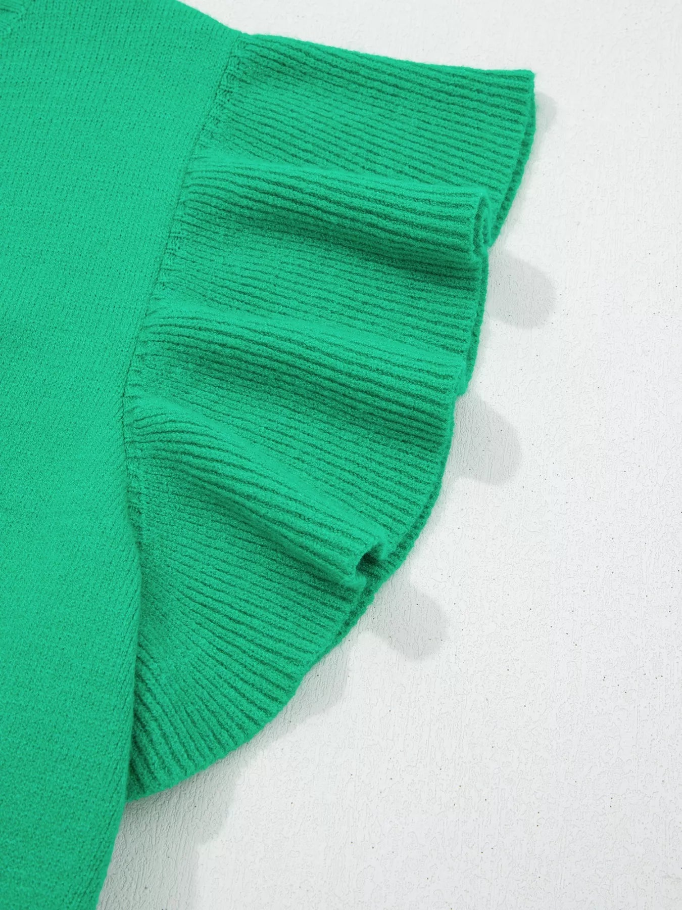 Blue Ribbed Knit Short Sleeve Sweater with Ruffle Trim