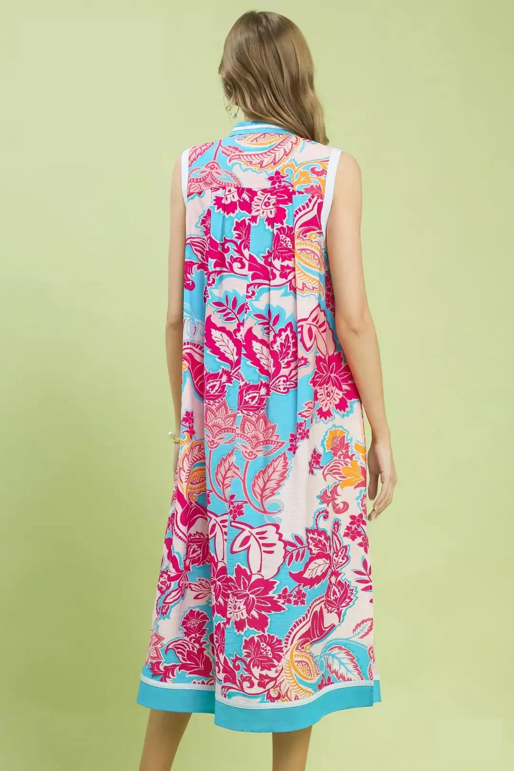 Floral Sleeveless Midi Dress with Pockets in Pink and Blue