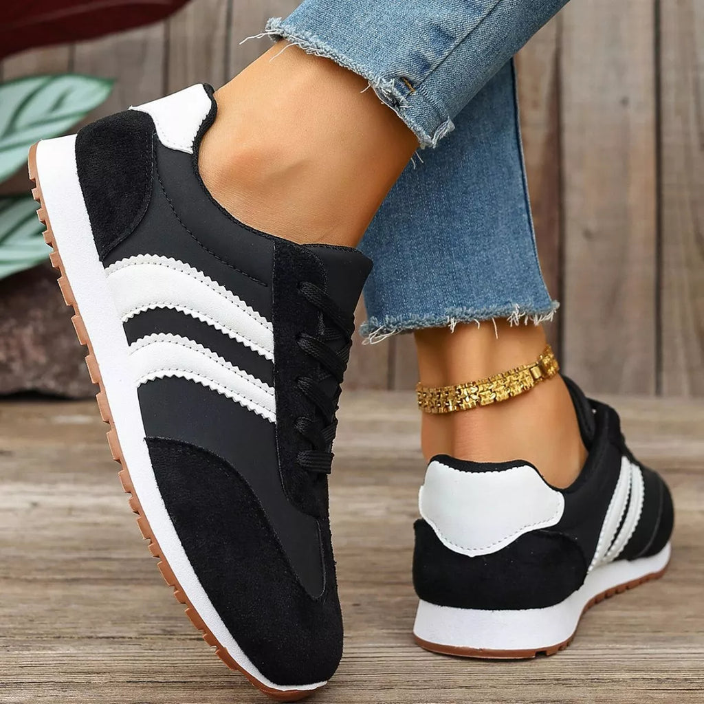 Women's Striped Lace-Up Casual Suede Sneakers Flat Trainers