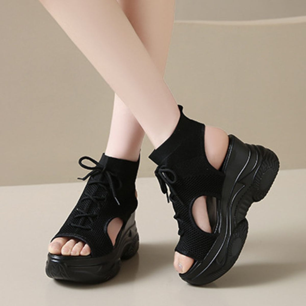 Women's Cutout Mesh Wedge Sandals - White & Black