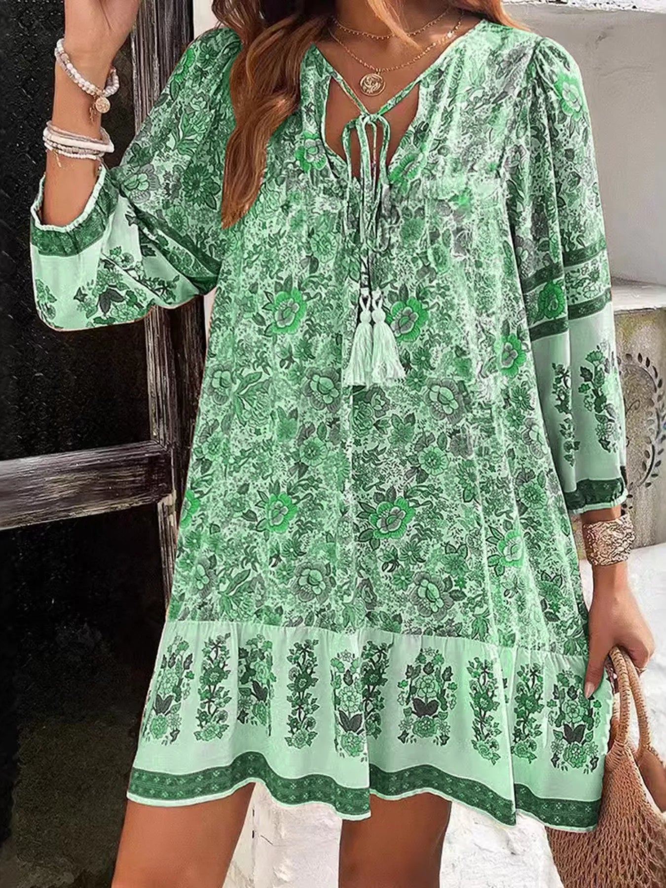 Floral Print Tassel Tie Neck Mini Dress
