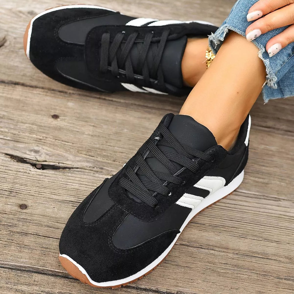 Women's Striped Lace-Up Casual Suede Sneakers Flat Trainers