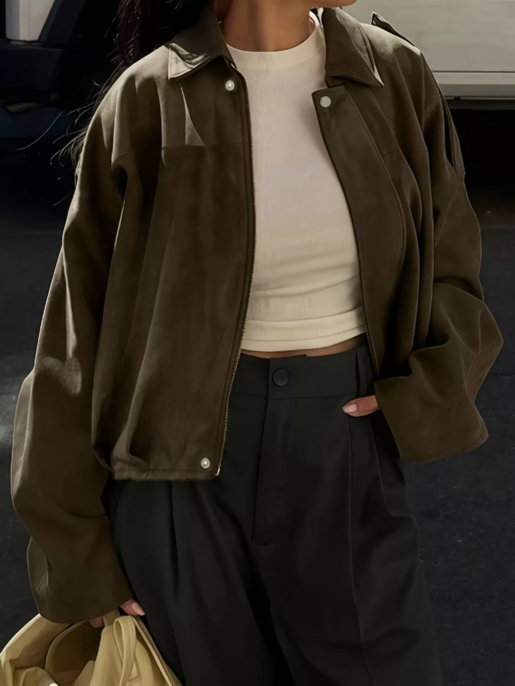 Women's Cropped Olive Green Suede Bomber Jacket