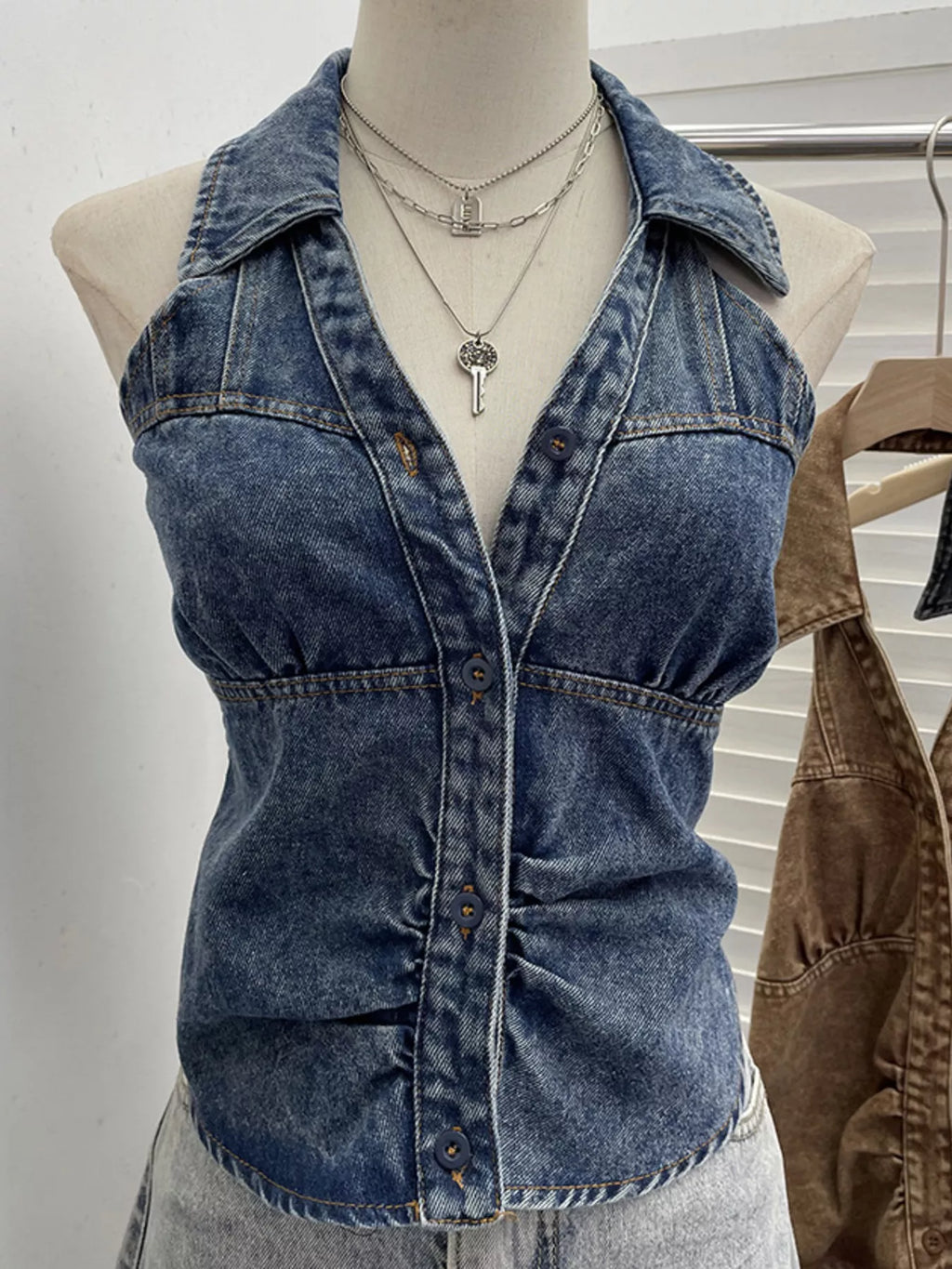 Smocked Denim Halter Collar Top in Blue