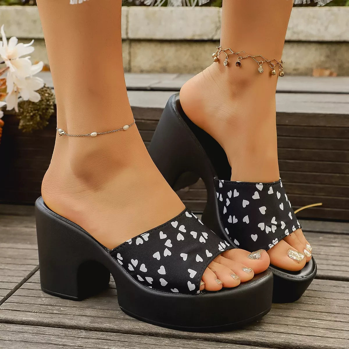 Heart Print Block Heel Platform Sandals Cute Mid Heel Mules