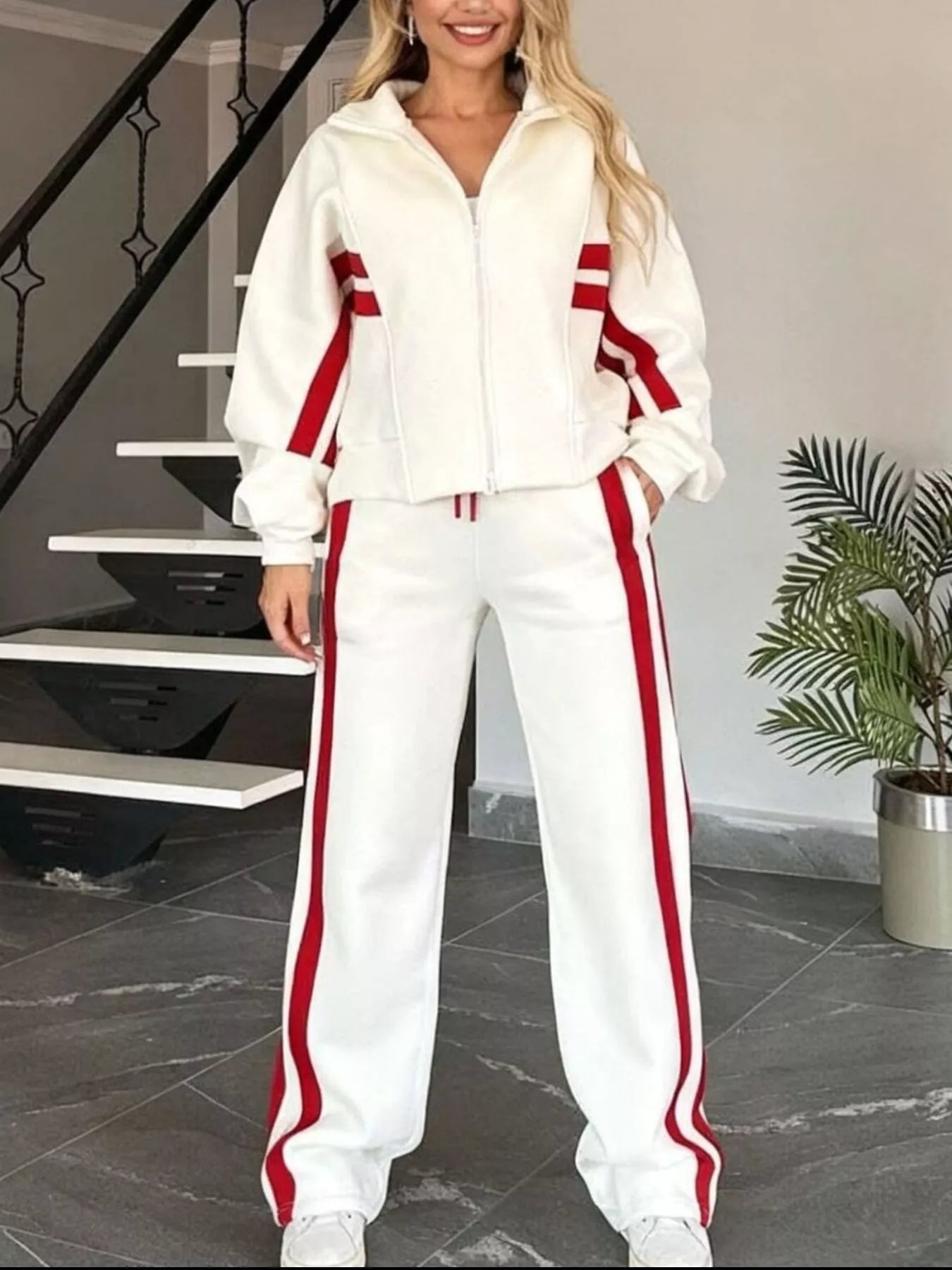 Women White Red Striped Zip Up Track Jacket and Pants Set