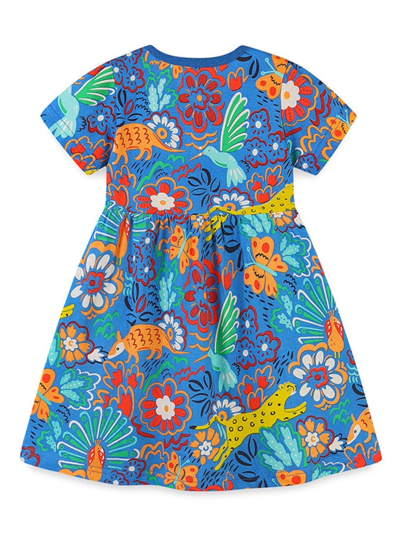 Girls Blue Short Sleeve Dress with Fun Animal and Floral Print