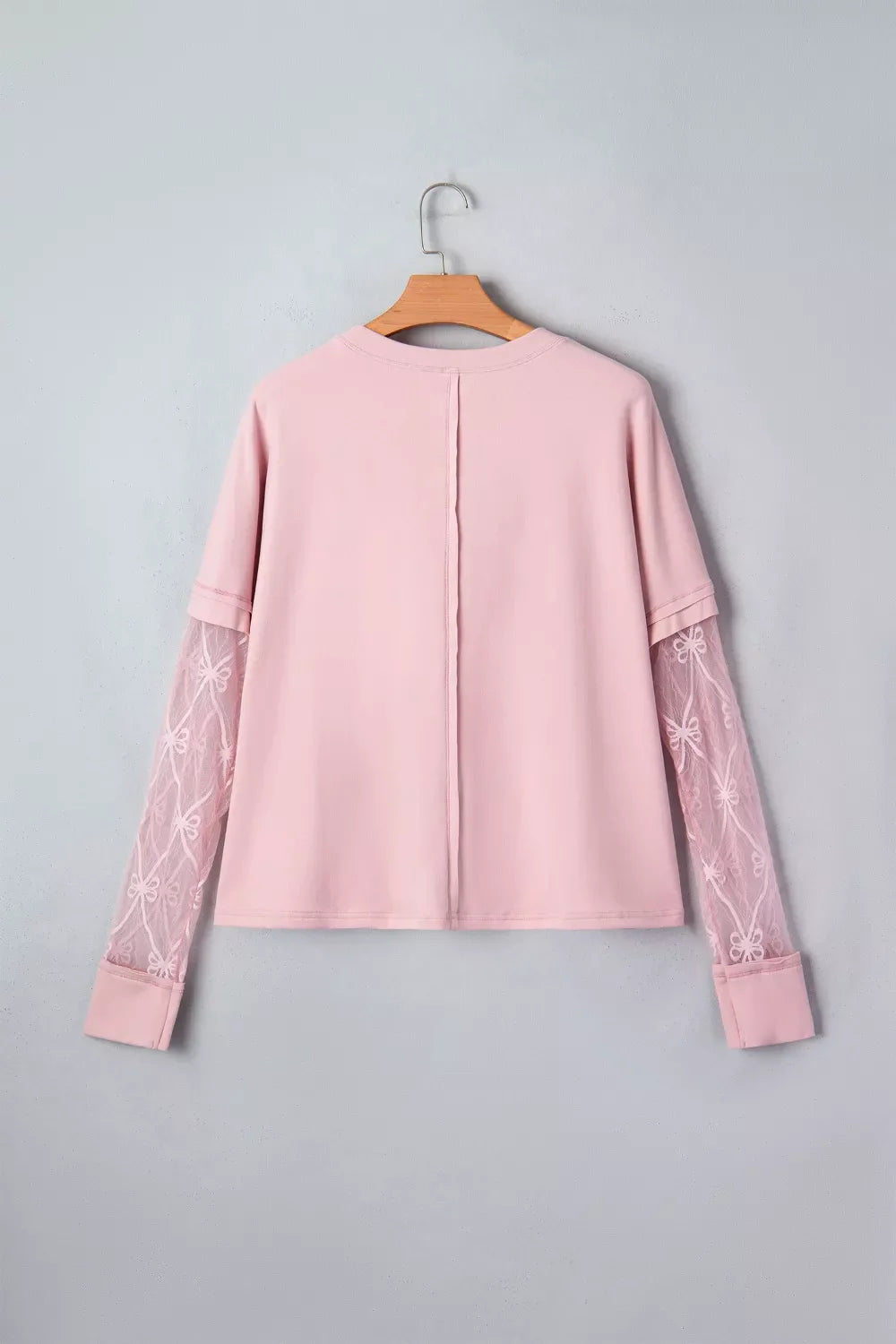 Pink Long Sleeve Tee with Sheer Lace Floral Patchwork Sleeves