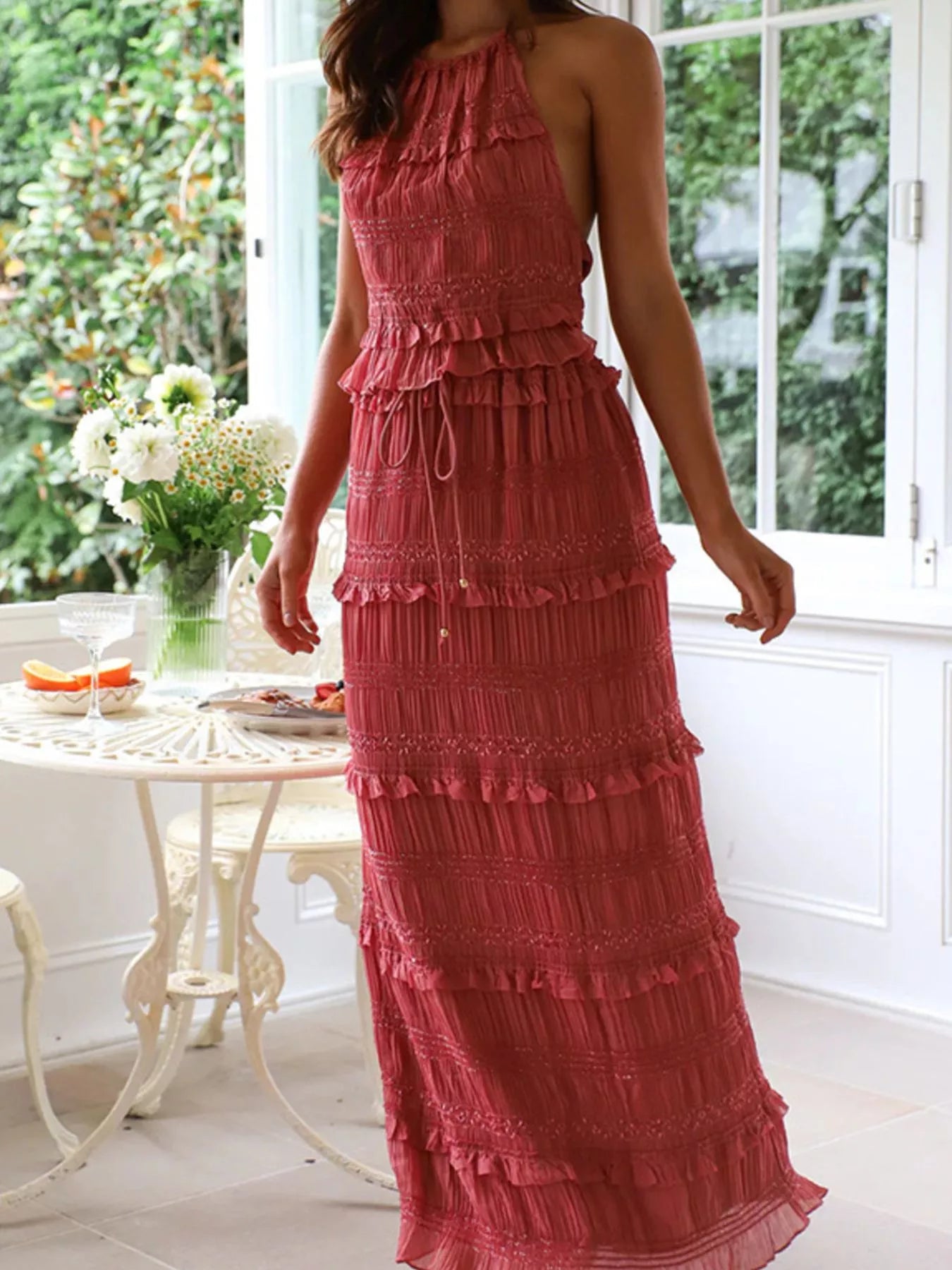 Smocked Sleeveless Halter Top and Maxi Skirt Matching Set