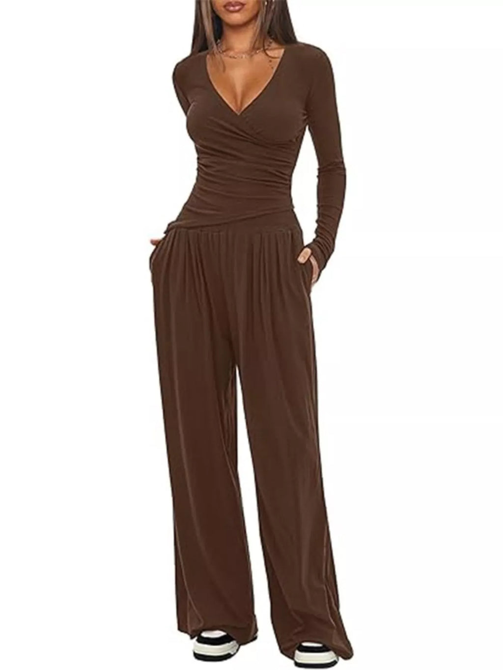 Women's Casual Long Sleeve V-Neck Top and Wide Leg Pants Lounge Set