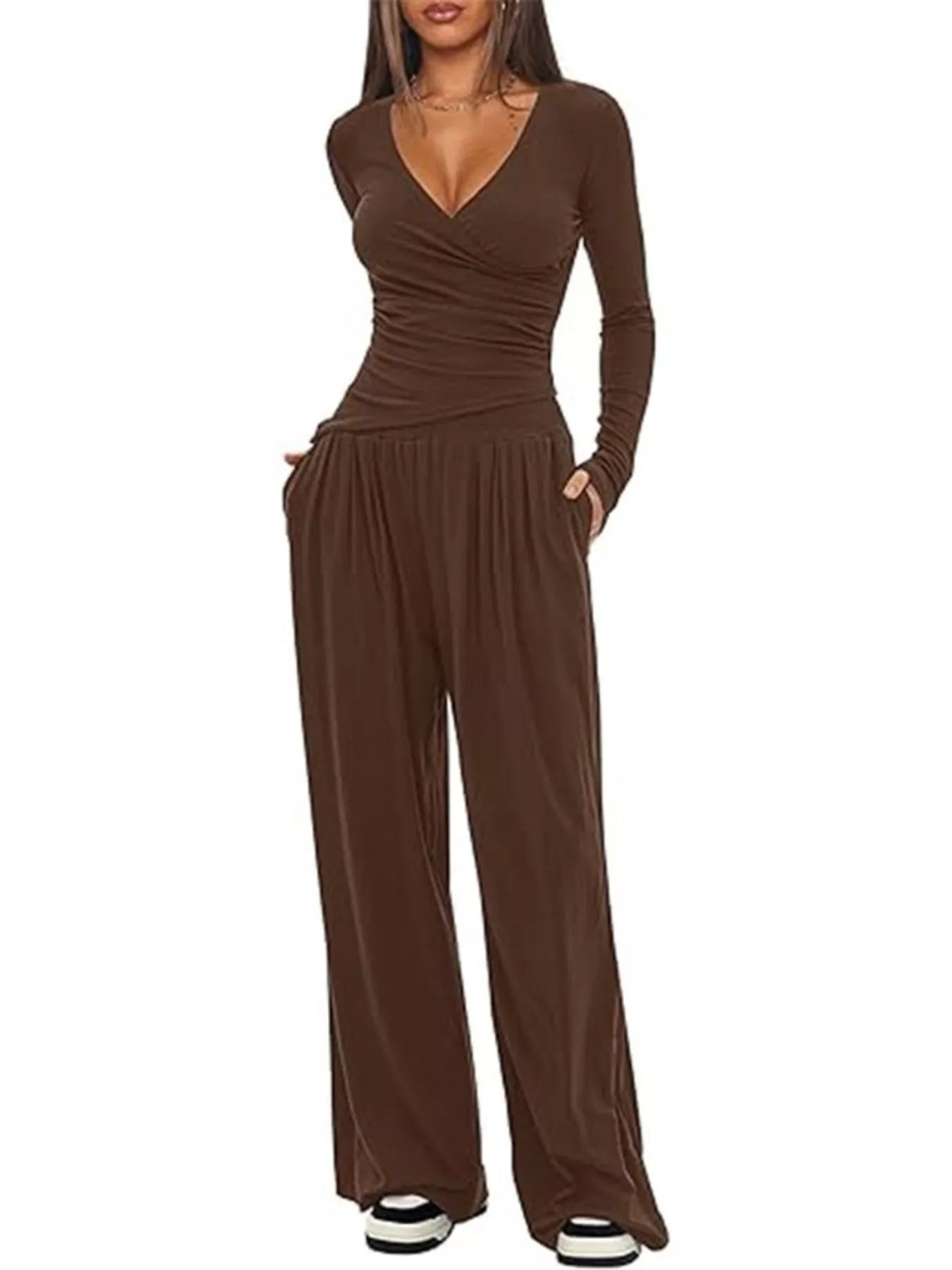 Women's Casual Long Sleeve V-Neck Top and Wide Leg Pants Lounge Set