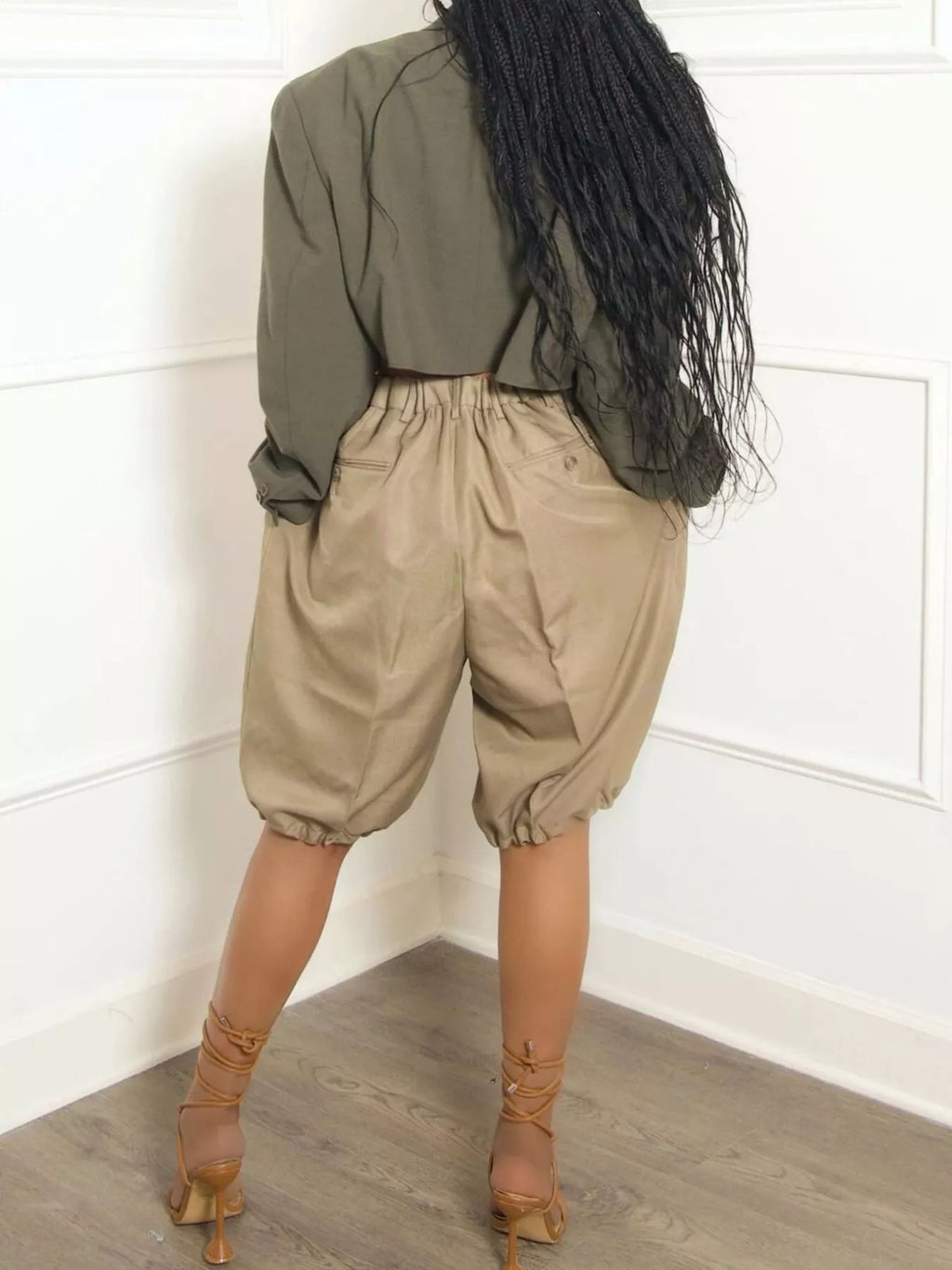 High Waist Pleated Khaki Shorts with Bubble Hem Detail