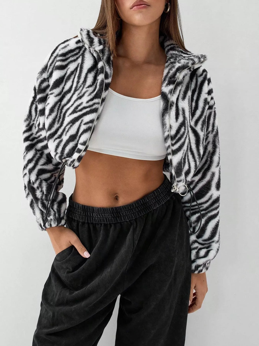 Zebra Print Plush Cropped Jacket | Women's Relaxed Fit